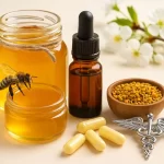 Productos de la colmena en apiterapia: miel, propóleo, polen, jalea real y veneno de abeja para salud y medicina natural