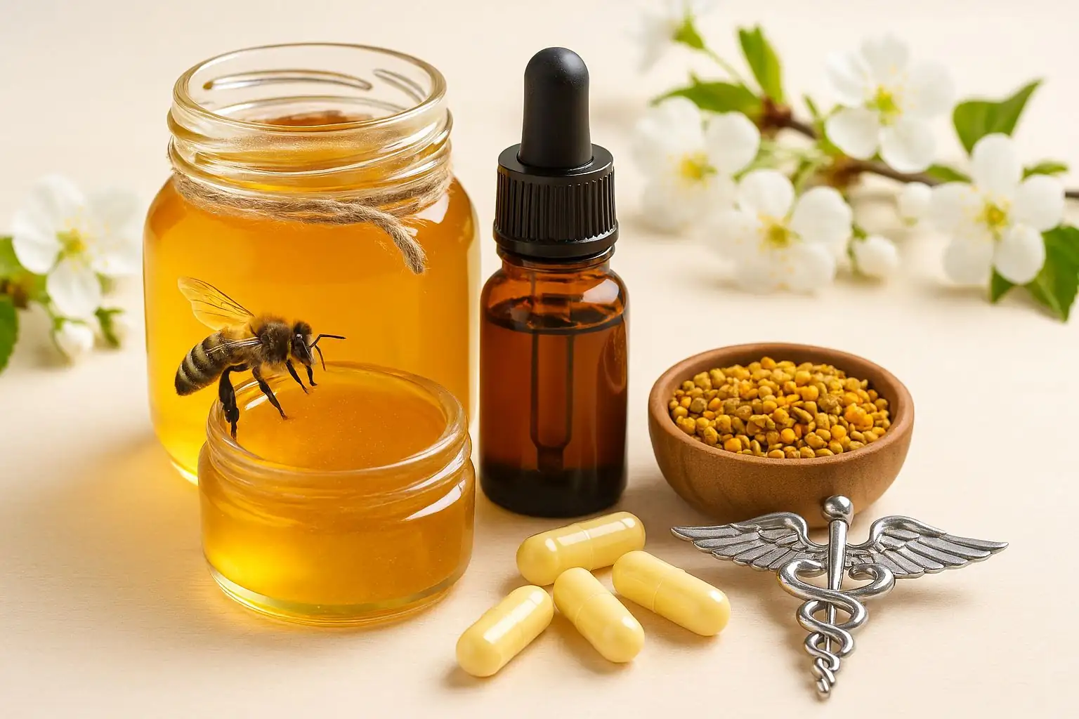 Productos de la colmena en apiterapia: miel, propóleo, polen, jalea real y veneno de abeja para salud y medicina natural
