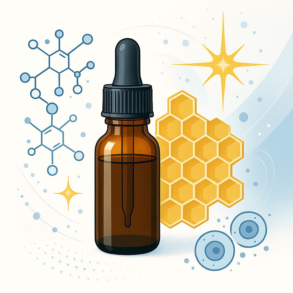 Imagen de frasco de propóleo natural con panal de abejas, representando los beneficios del propóleo para la salud respiratoria