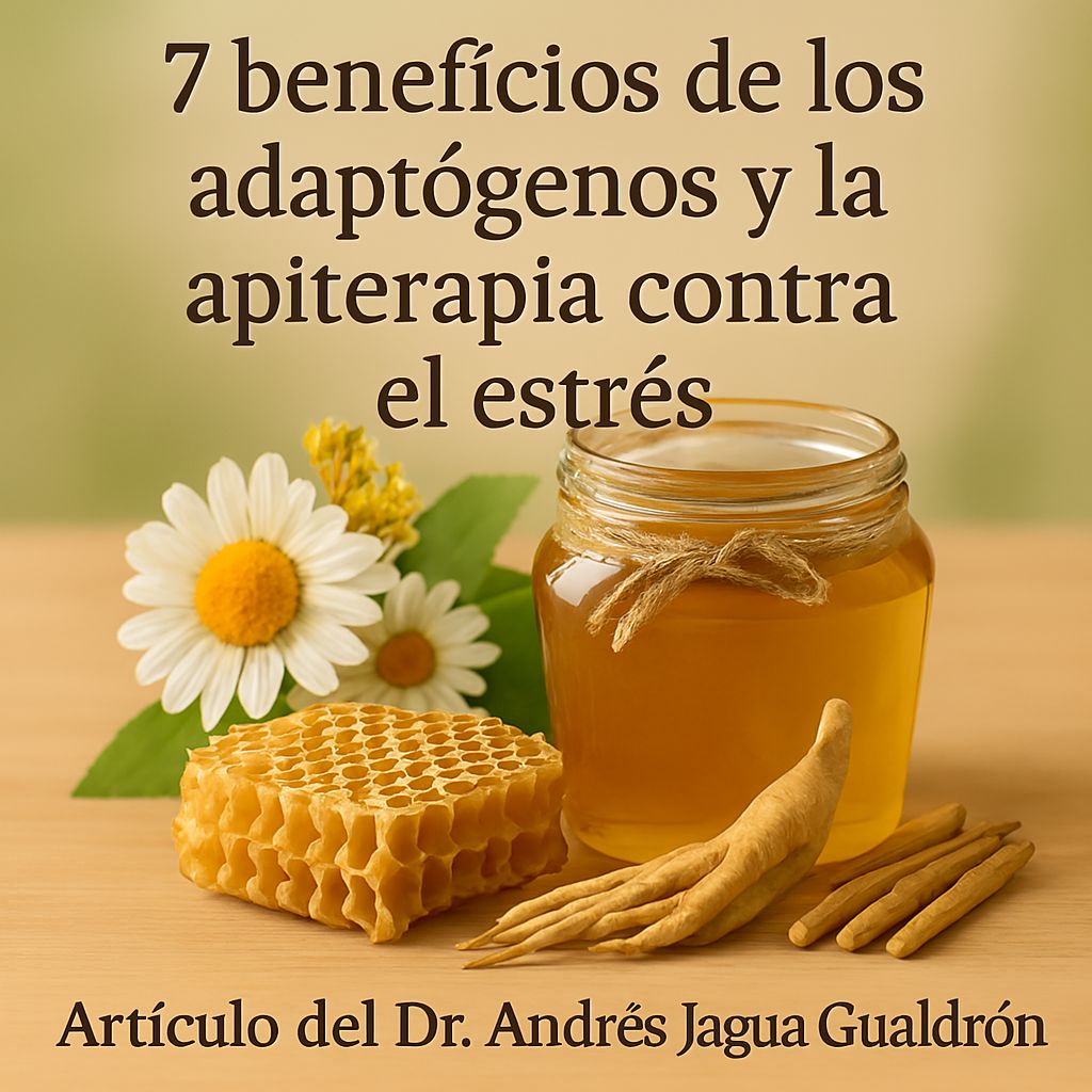 Frasco de miel, panal, flores y raíces de adaptógenos sobre mesa de madera, representando adaptógenos y apiterapia contra el estrés de forma natural