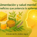 Ilustración sobre alimentación y salud mental con productos de la colmena y apiterapia