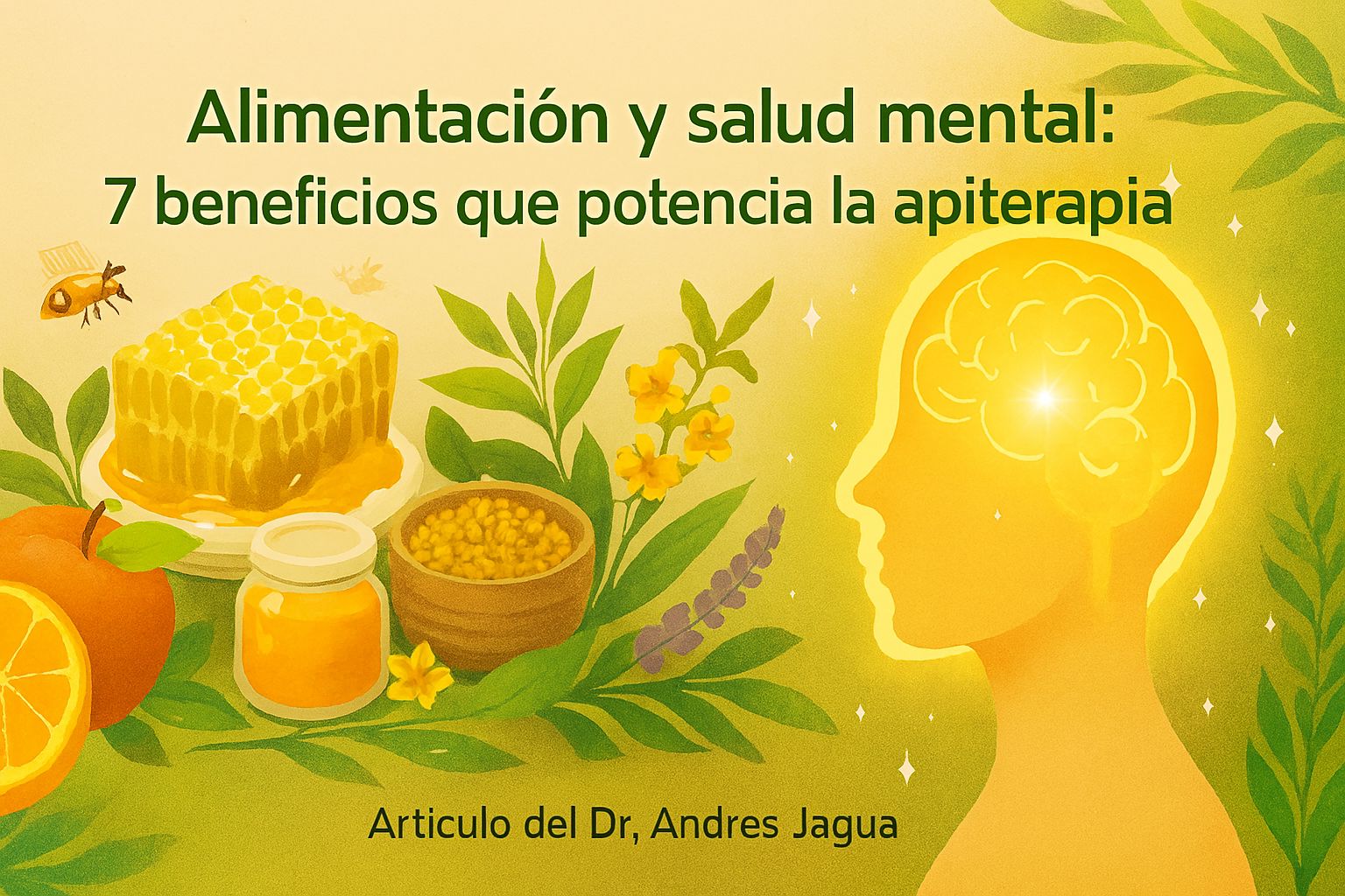 Ilustración sobre alimentación y salud mental con productos de la colmena y apiterapia