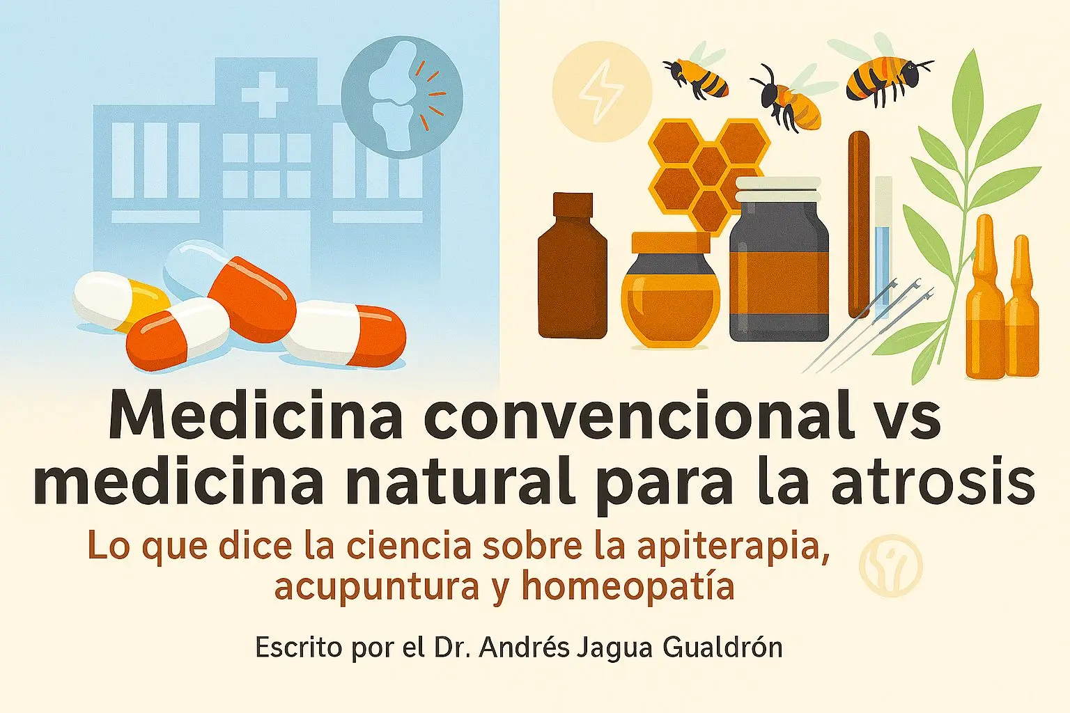 Ilustración comparativa entre medicina convencional y medicina natural para la artrosis, con elementos de apiterapia, acupuntura y homeopatía.