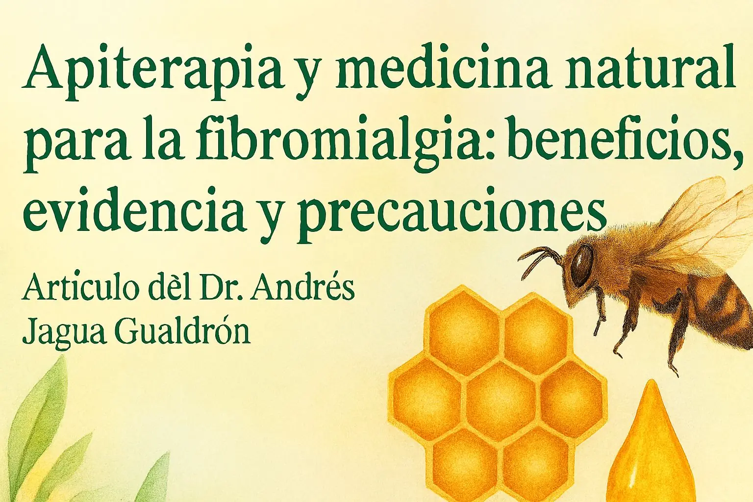 Apiterapia y medicina natural para la fibromialgia representadas con abeja, miel y elementos naturales en un contexto de salud integrativa.