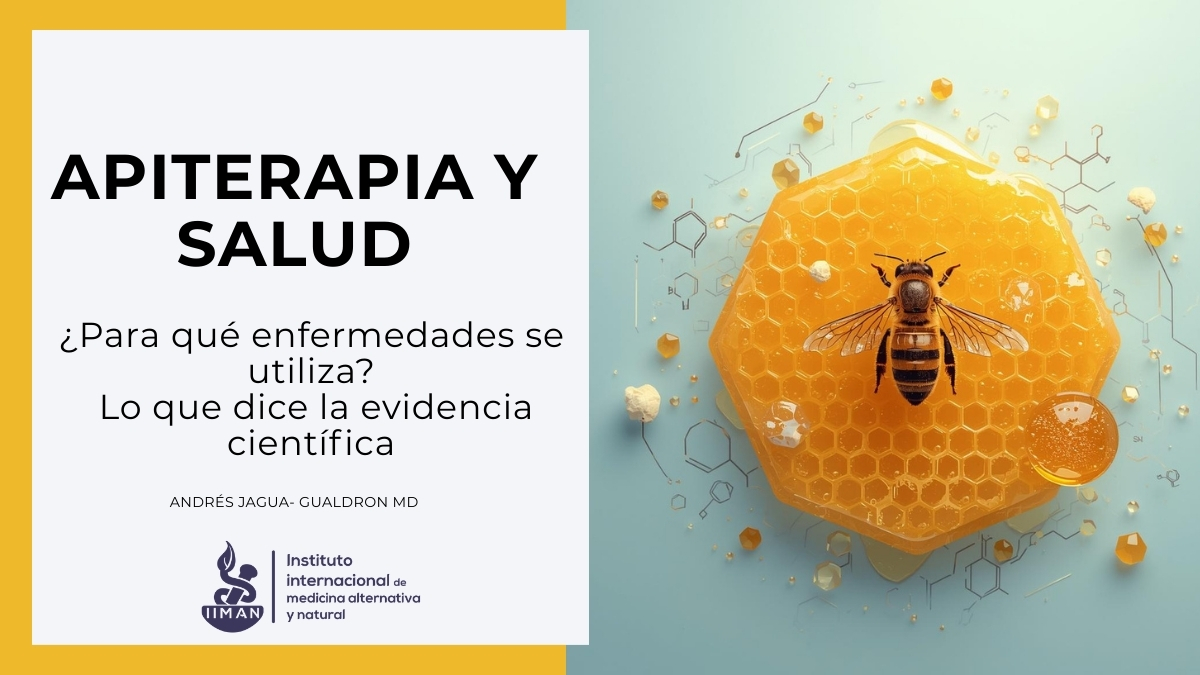 Ilustración científica de apiterapia con abeja, panal y elementos moleculares que representan el uso de productos de la colmena en medicina natural.
