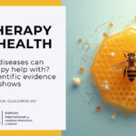 Scientific illustration of apitherapy showing a honeybee, honeycomb, and molecular elements representing the medical use of bee-derived products.