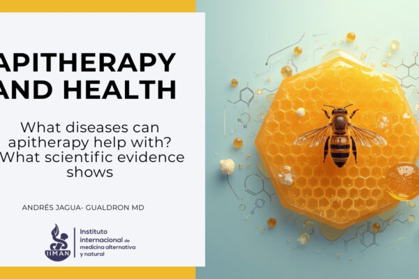 Scientific illustration of apitherapy showing a honeybee, honeycomb, and molecular elements representing the medical use of bee-derived products.