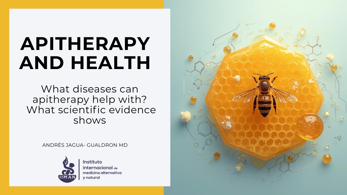 Scientific illustration of apitherapy showing a honeybee, honeycomb, and molecular elements representing the medical use of bee-derived products.