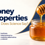 Honey properties: a jar of golden honey with a honey dipper and the IIMAN logo.