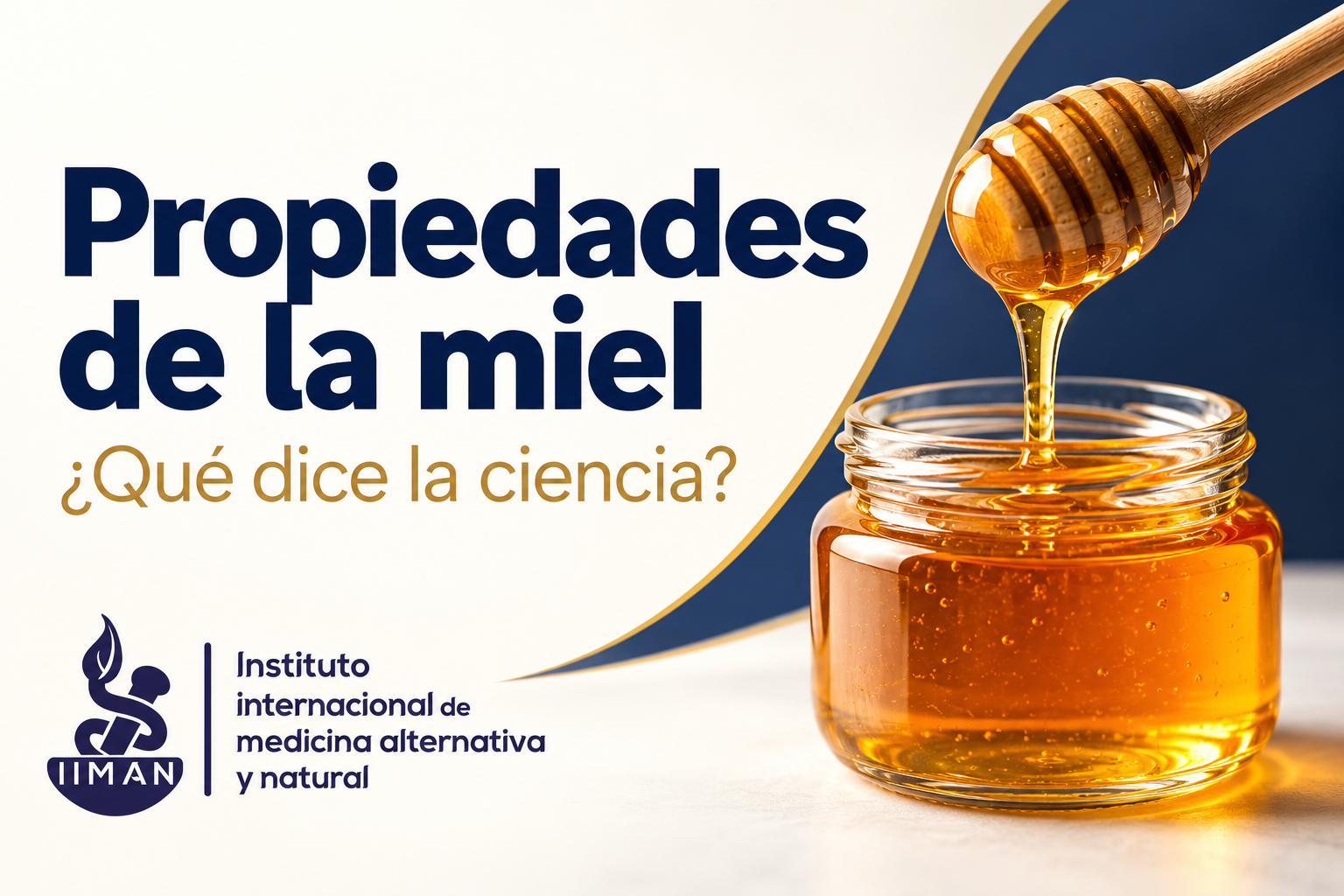 Propiedades de la miel: frasco de miel dorada con un palito mielero y logo de IIMAN.